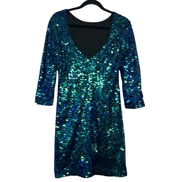 H&M Women’s Iridescent Sequined Mini Dress Blue/Green Size Medium - Picture 3 of 8
